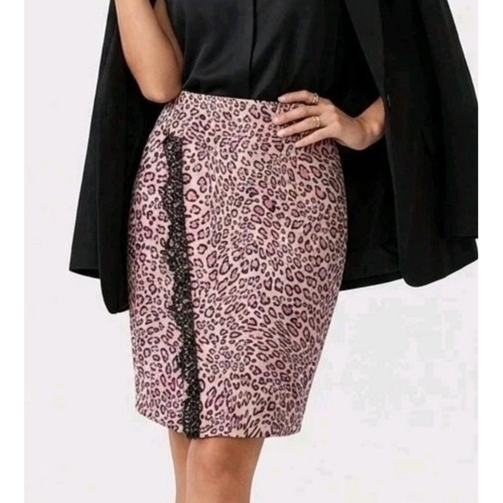 Thalia Sodi Pink Animal Print Lace Inset Skirt Sz M Midi Pencil Asymmetrical Mob